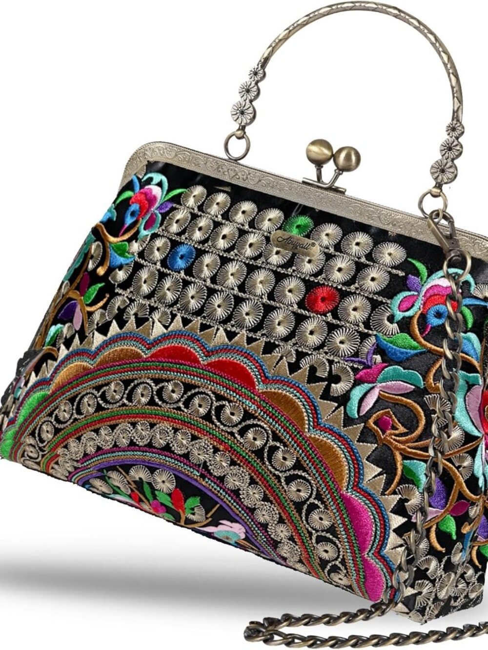 Floral Top-Handle Handbag, Kiss Lock Evening Bag for Women, Vintage Handbag